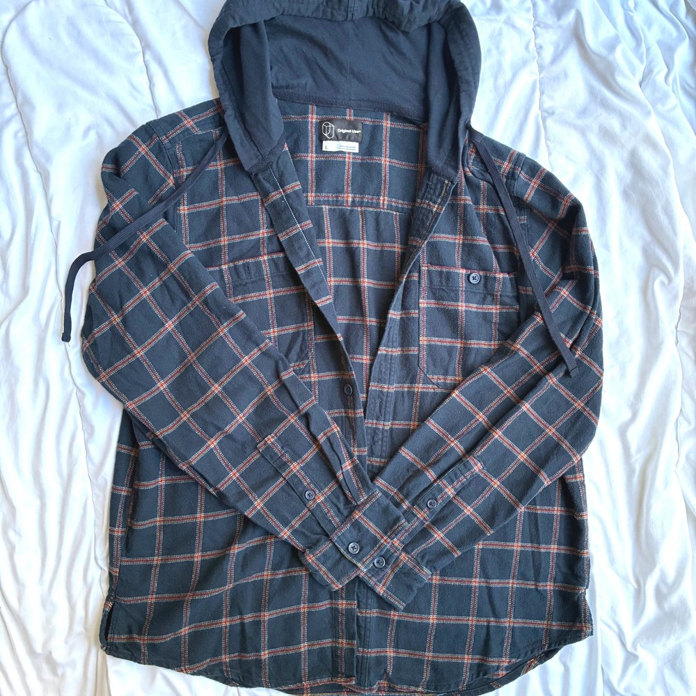 Original Use Mens Plaid Flannel Shirt Hoodie Dark Blue Soft Shacket Size Large